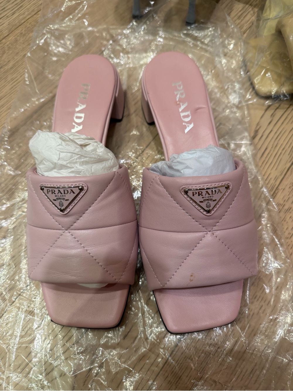 Prada Pale Pink Square-Toe Block Heel Sandals
